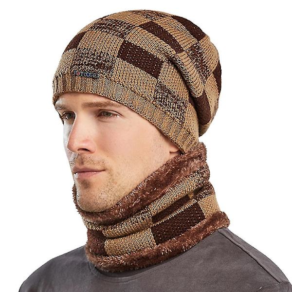 Herrar Tartan Mössa Fleecefodrad Skidmössa Snood Halsduk Halsvärmare Wrap Set Khaki - Hat and Scarf