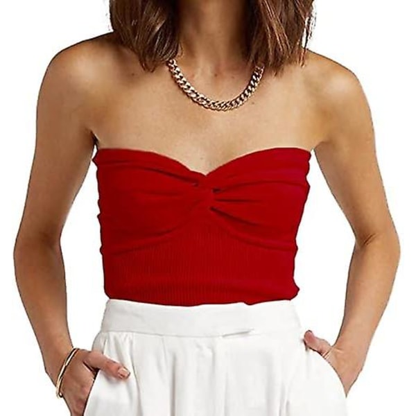 Naisten olkaimeton crop top seksikäs sydänpääntie ribbineulottu kierretty solmu edessä hihaton Camisoletanks toppi red M