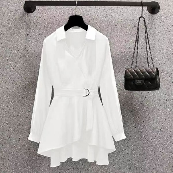 Damkrage asymmetrisk fållskjorta koreansk stil fint bälte V-ringad Casual toppar som passar för vänners samlingskläder Black Long Sleeve 3XL