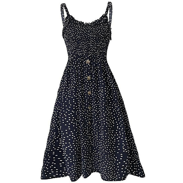 Sommarklänning med prickar för kvinnor, midilång, semesterbälte, strandklänning, lös solklänning Navy Blue M