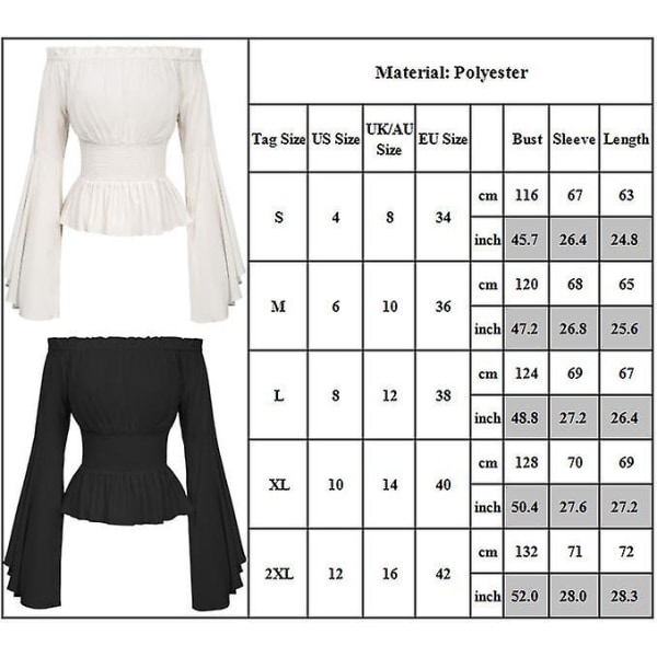 Kvinnor Solid Renaissance Girdle Midja Blus Off Shoulder Toppar Medeltida Viktoriansk Långärmad Skjorta Pirat Cosplay Kostym Black M