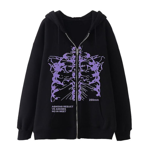 Mörk dragkedja-tröja Skelett Hoodie Boned Hoodie High Street Hipster Sweatshirt Jacka black-purple L