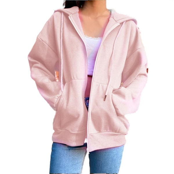 Dame Sweatshirt Hættetrøjer Frakke Ensfarvet Afslappet Løs Jogging Hættejakke Langærmet Fuld Lynlås Snøre Pink L