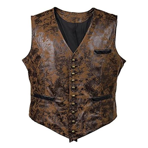 Herrväst i enfärgad sammet med konstläder Brown XS
