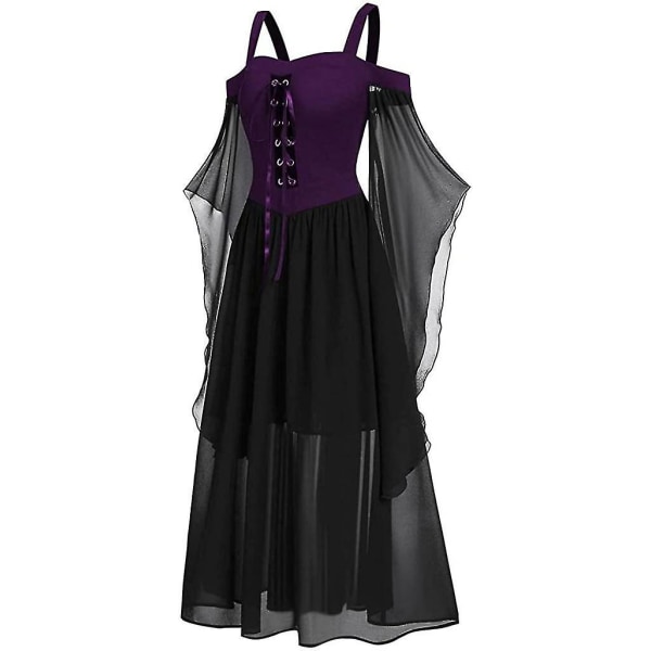 Maxiklänning med fjärilsärm för kvinnor medeltida punk gotiska kläder Sexig halloweenkostym Kallaxelkorsettklänningar A-purple Small