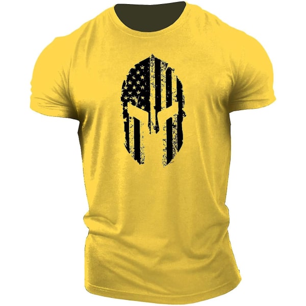 Herr T-shirt i ren bomull med hjälmmönster, bodybuildingtopp, kortärmad Yellow XL