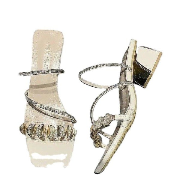 Fyrkantig tå, grunt skuren högklackat, diamantformade sandaler och tofflor för kvinnor som bär sandaler på utsidan white 38