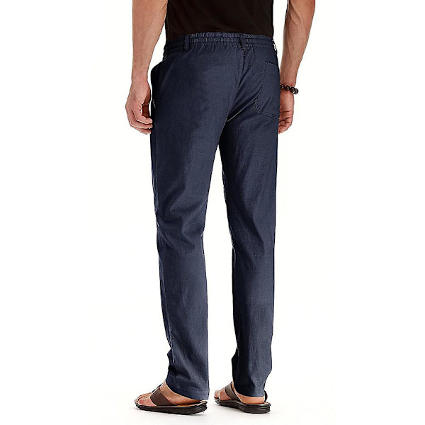 Herr Enfärgad Elastisk Midja Långbyxor Dragsko Raka Ben Casual Byxor Navy Blue M