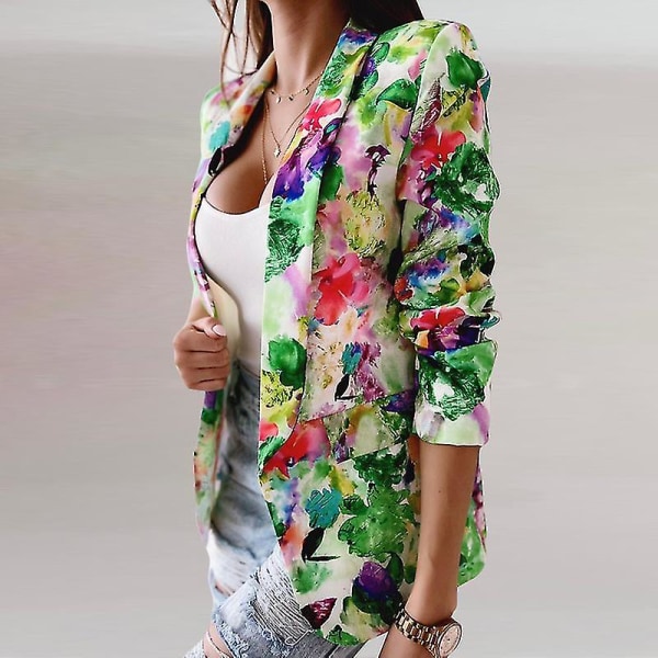Dame Tie Dye Business Jakker Casual Høstjakke Blomsterprint Blazere Green XL