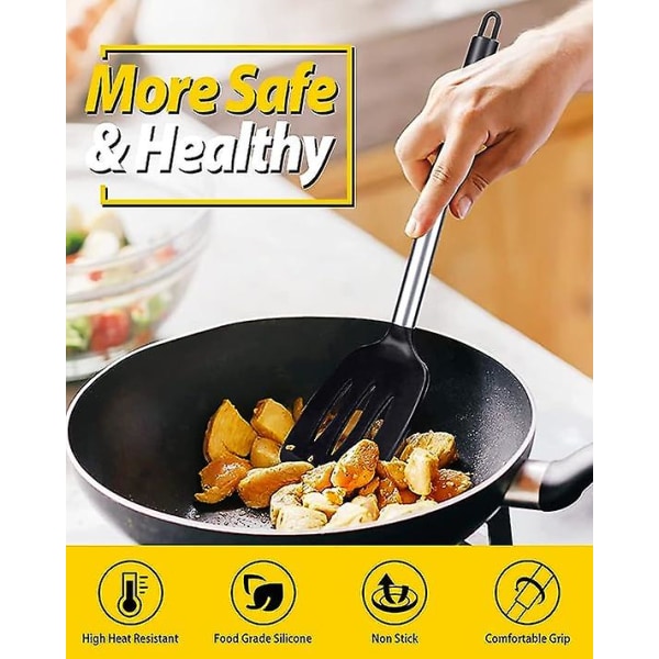 2-pack silikon stekspade, non-stick slitsad köksspatel, hög värmebeständig BPA-fri matlagningsspatel, idealisk köksutrustning för fisk, ägg, pannkakor black