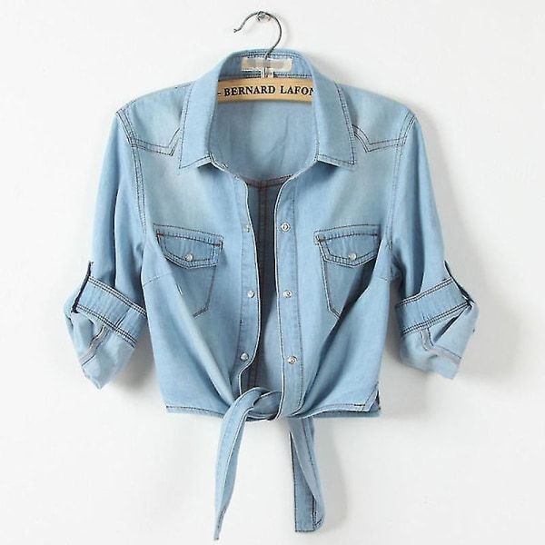 Dame Mode Casual 3/4 Ærme Knap Crop Jean Top Knude Slips Denim Skjorte Jakke Sky Blue XL