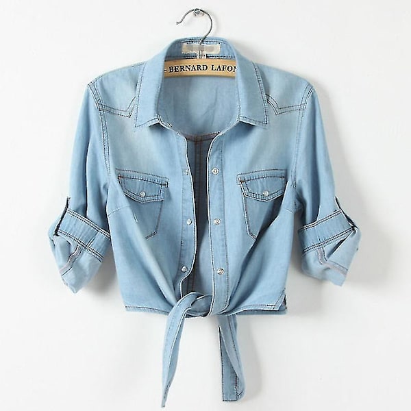 Mote dame fritid 3/4 erme knapp ned crop jean topp knute knyte denim skjorte jakke Sky Blue M