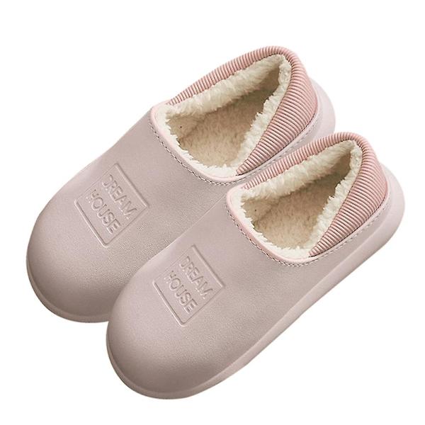 Dam Herr Vinter Varma Tofflor PU Läder Kort Plysch Mjuka Inomhus Par Skor Anti Halk Bekväma Pink 33-34