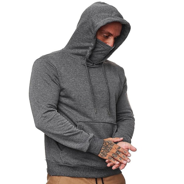 Herr Enfärgad Sport Huvtröja med Mask Långärmad Pullover Hoodie Dark Grey M
