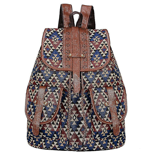 Etnisk stil retro mönster ryggsäck canvas damväska mode personlighet resor dragsko liten B color-2