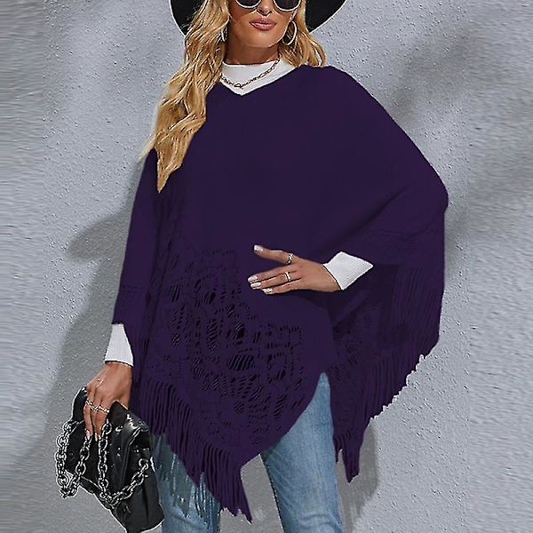 Dam Långärmad Poncho Tröja Ledig Arbets Pullover Cape Vinter Varm Stickad Kappa Deep Blue L