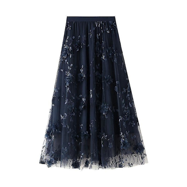 Kvinnors Mesh Broderi Halvlång Kjol Garn Kjolar A-linje Konst Hög Midja Lång Kjol Navy Blue