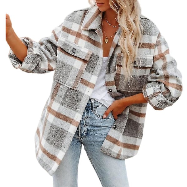 Dame Rutete Ullblanding Langermet Skjortejakke Shackets Grey L