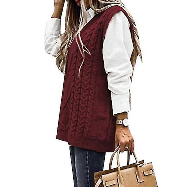 Dame Sweater Vest Dame Oversized V-hals Ærmeløse Sweaters dark red M
