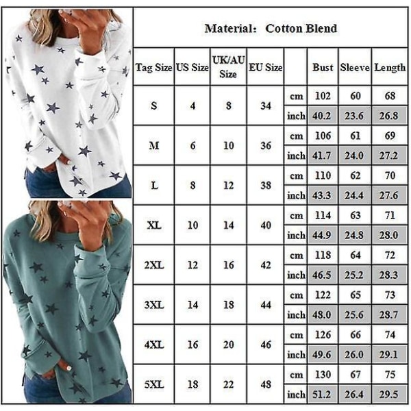 Dame Casual Stjerne Trykket Langermet Rund Hals T-skjorte Tunika Topper Bluse Pluss Størrelse Høst Royal Blue M