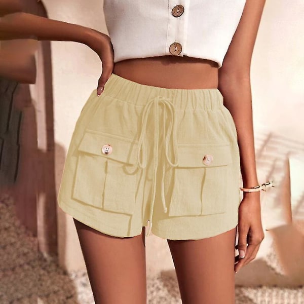 Dame Baggy Elastisk Midje Hot Pants Sommer Løse Shorts med Rett Ben Beige 3XL