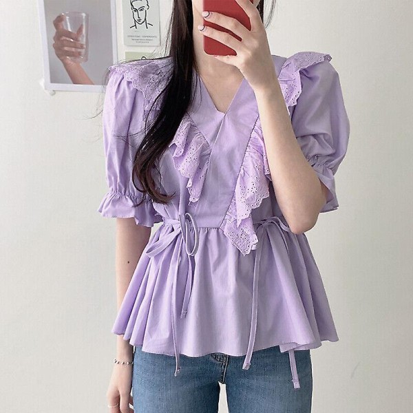 Dame Blonde Bluse Flæse Skjorte Top Peplum Pufærme V-hals Retro-3 White M(UK 8)