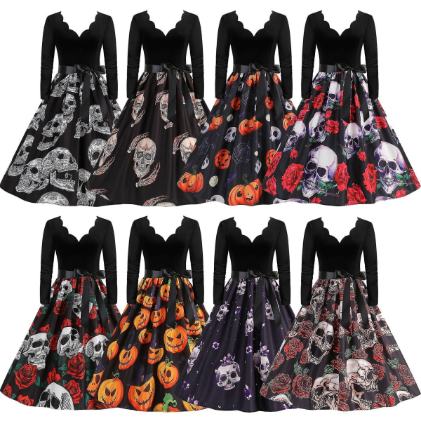 Halloween Kostume Kjoler Dame Skelet Græskar Trykt Casual Hem Kjole Fest COLOR 8 S