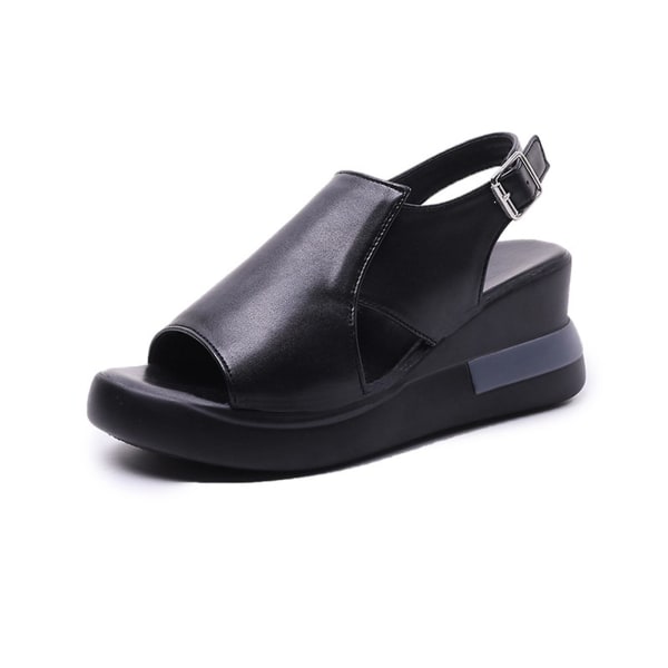 Pu-läder sandaler med peep-toe för kvinnor Mjuka och breda sandaler med läderöverdel för casual tillfällen strandsemester Black 35