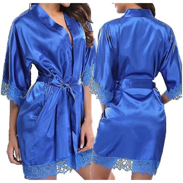 Satin Kåbe Bryllup Brud Brudepige Kimono Morgenkåbe Natkjole Badekåbe -c Blue S