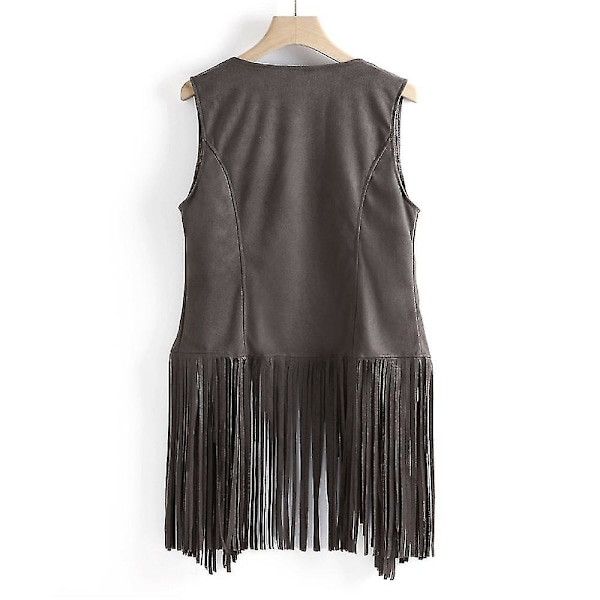 1970-tals Dam Tofs Ärmlös Kavajväst 70-tals Hippie Faux Mocka Fransad Väst Jacka Kofta Grey L