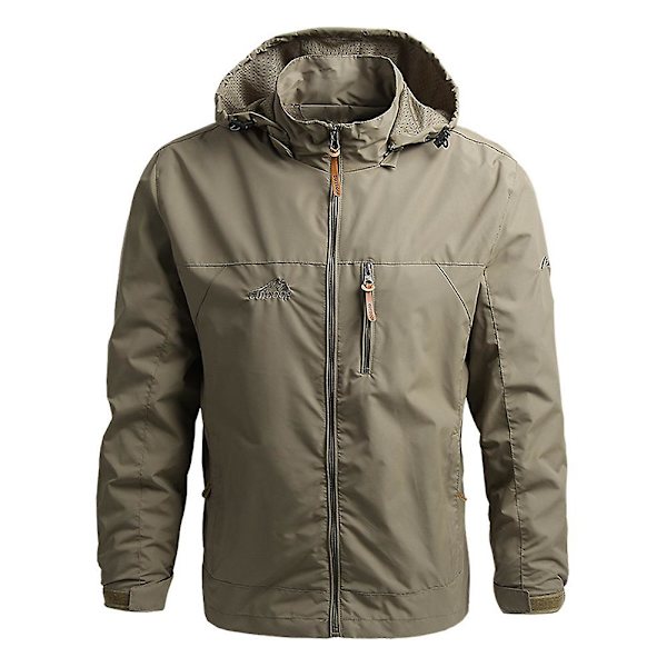 Herr Utomhus Taktisk Jacka med Dragkedja och Huva Vindjacka Vindtät Stridskappa Ytterkläder Khaki 2XL