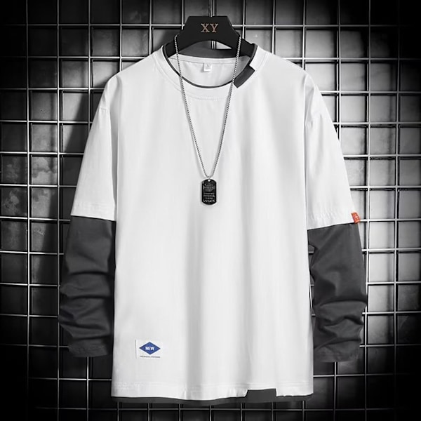 Miesten pyöreäkauluksinen pusero, kontrastivärinen, pitkähihainen T-paita rentoon päivittäiseen käyttöön, juhliin ja kouluun 352 White 2XL