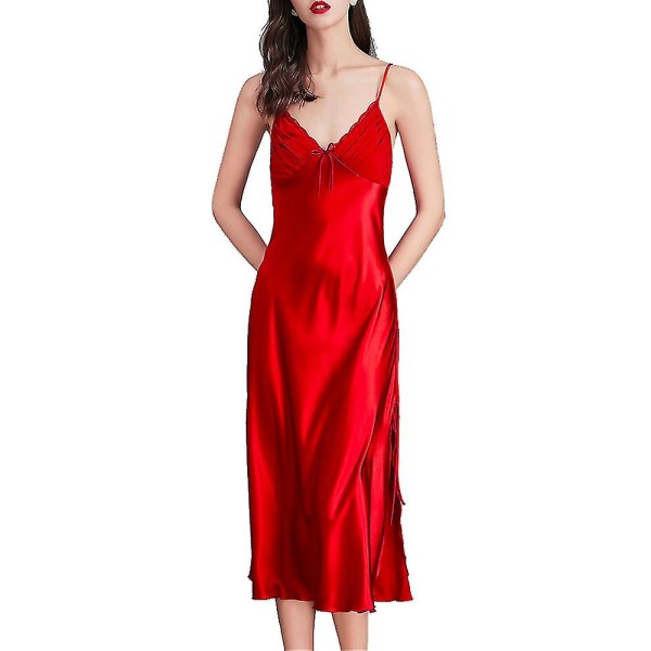 Dam satin nattlinnen lång chemise sexig ärmlös sidenslip nattklänning spaghettiband sovkläder Red L