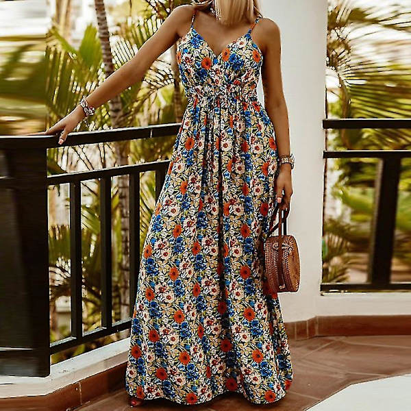 Ärmlös Boho Blommig Slipklänning Dam V-ringad Semester Strand Maxiklänning Blue M