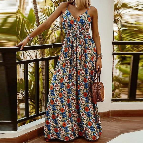 Ärmlös Boho Blommig Slipklänning Dam V-ringad Semester Strand Maxiklänning Blue S