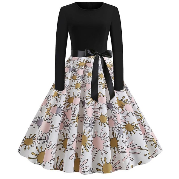 Dam Tryck Rockabilly Retro Långärmad A-linje Klänning Fest Hepburn Swing Klänningar XL