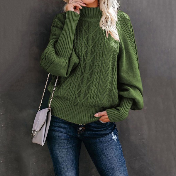 Uldpullover til kvinder Kabelstrikket lanterneærme sweater til udendørs dating shopping Army Green XL
