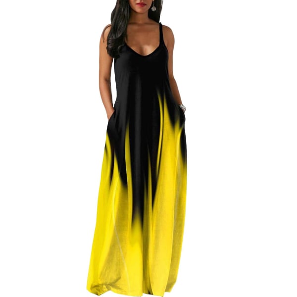 Dame Casual Sommerkjole Ærmeløs V-hals Print Kjoler Til Pige Kvinde Elsker Datter Light Yellow 3XL