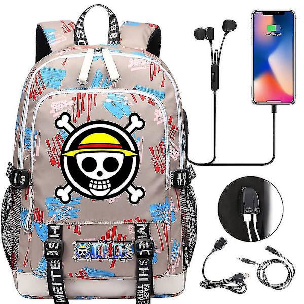 Skolesekk for tenåringer - One Piece-trykket USB-skolesekk for menn og kvinner - Casual reisesekk 6
