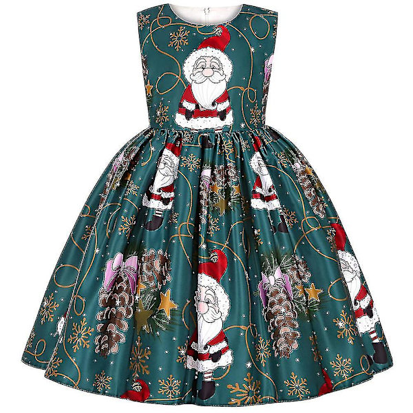 Jul Barn Flickor Ärmlös Jultomte Midi Klänning Rosett-knut Tryckta Festklänningar Dark Green 3-4 Years