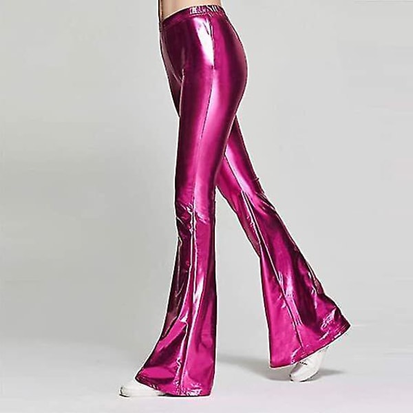 Dam 70-tal Mermaid Shiny Metallic Flare Leg Byxor Hippie Metallic Pants Yogabyxor Rose red L