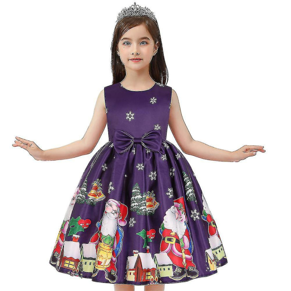 Julekjole til barn, jenter, uten ermer, Santa Claus Midi-kjole med sløyfe og trykk, festkjoler Sapphire 2-3 Years