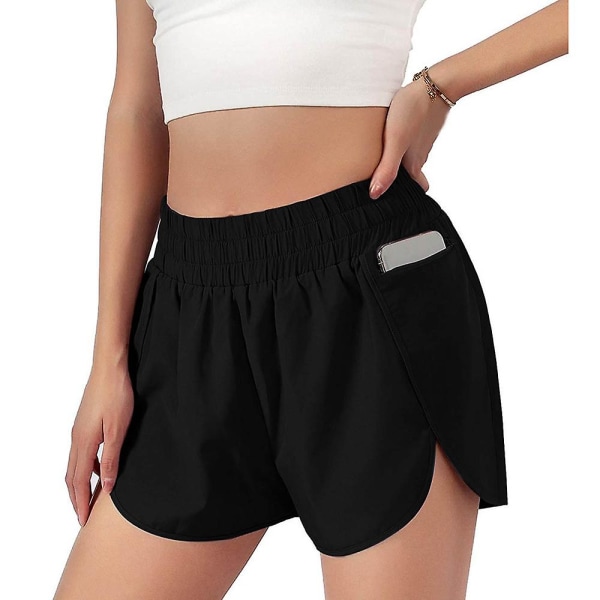 Dam elastisk midja lager yoga shorts sommar casual lös solid sport shorts Black S