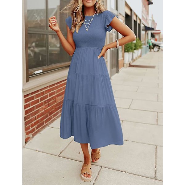 Sommarklänning för damer, ledig, med korta fjärilsärmar, rund hals, smockad resår i midjan och volangkjol i midilängd Dustyblue XLarge