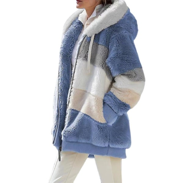 Dam Färgblock Långärmad Hooded Teddy Bear Fleece Jacka Vinter Varm Kappa Blue 5XL