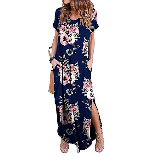 Naisten neulemekko, lyhythihainen, V-aukkoinen, rento, pitkä mekko, kesä, ranta, uusi Navy Blue print XL