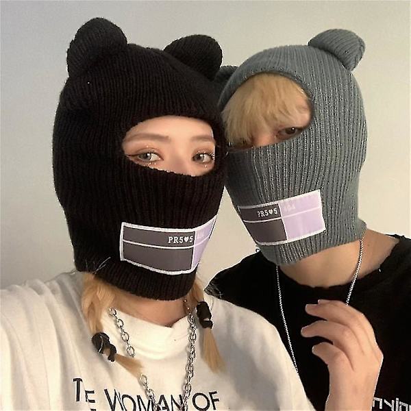 Söt skidmask med heltäckande ansikte, mössa med björnöron, stickad balaclava, vindtät mössa, mössa, mössa, vintervarm unisexmössa Light Gray