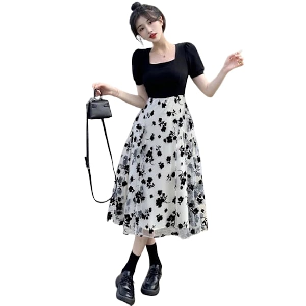 Dam Blommig Klänning Sommar Slim Klänning Lämplig För Strandkläder Black L