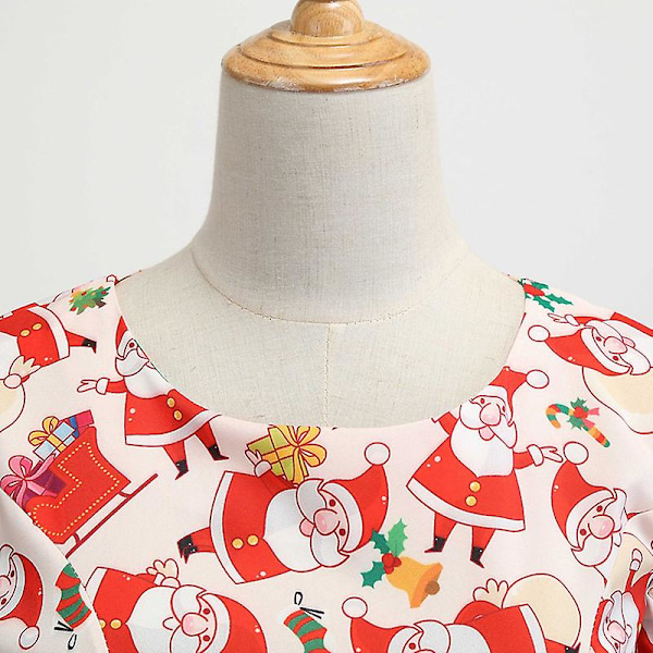 Naisten Vintage-mekko Pyöreä pääntie Pitkähihainen Rypytyshiha Joulupukki-painatus Vyöllinen Slim M