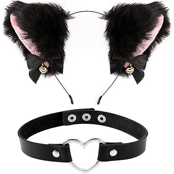 Böjda öron Fox Pannband + Bell Choker Halsband för kvinnor Tjej Cosplay Kostym Party.svart+rosa